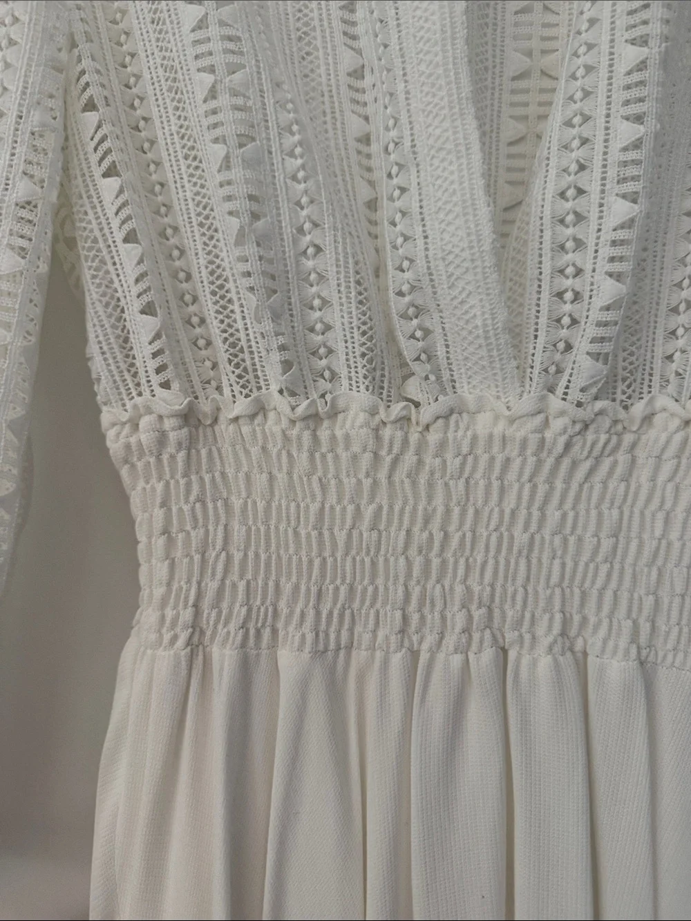 Maje White Lace Bodice Smocked Waist Midi Dress
